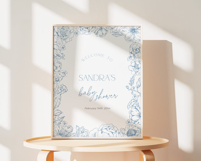 Floral Blue Toile de Jouy Baby Shower Welcome Sign