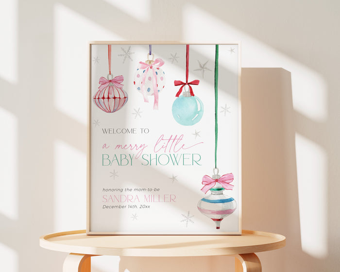 Coquette Pink Bow Christmas Baby Shower Welcome Sign