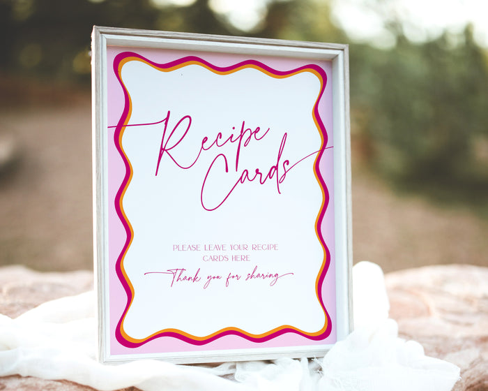 Pink Wavy Border Bridal Shower Recipe Cards Sign