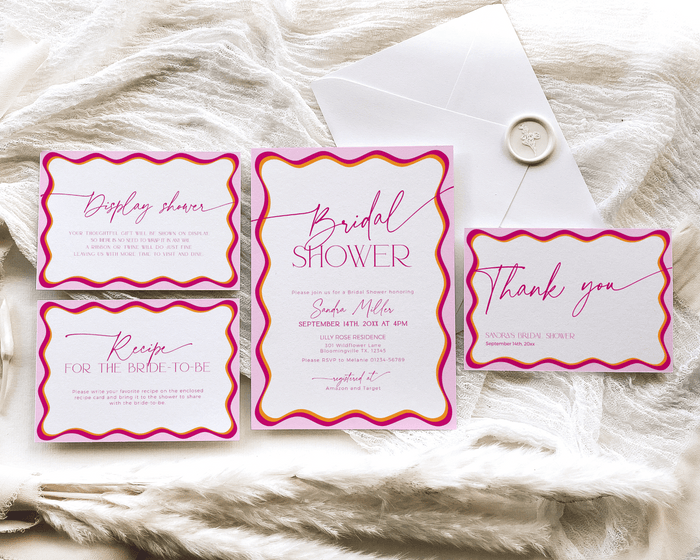 Pink Wavy Border Bridal Shower Invitation Bundle