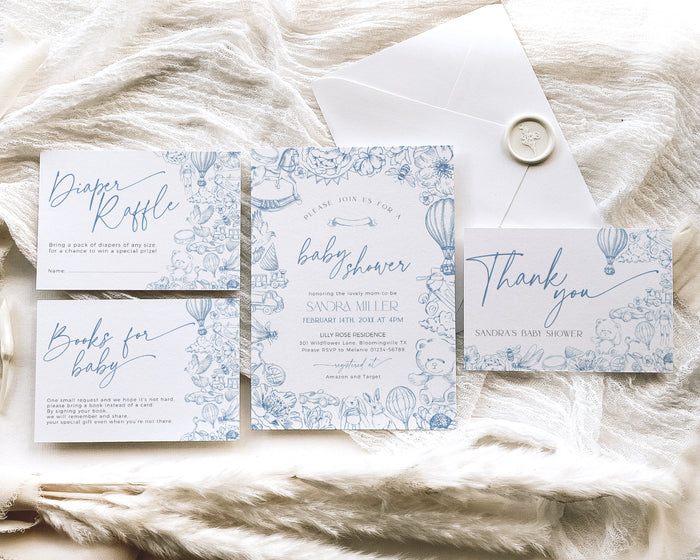 Blue Toile de Jouy Baby Shower Invitation Bundle