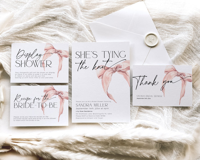 She Is Tying The Knot Pink Bridal Shower Invitation Bundle