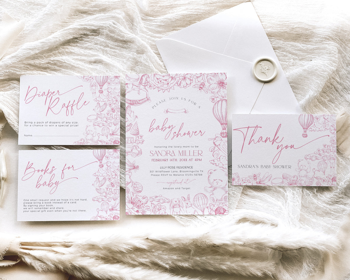 Pink Toile de Jouy Baby Shower Invitation Bundle