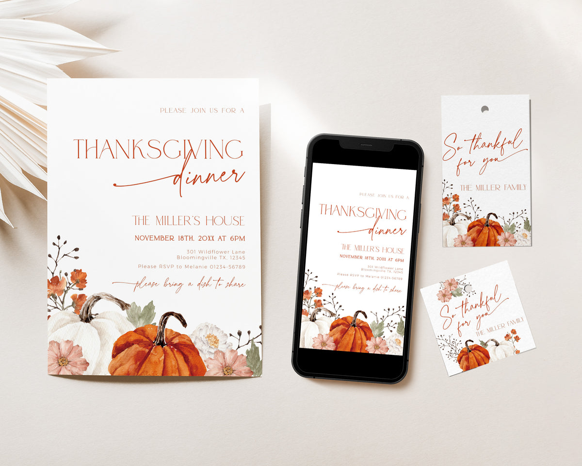 Pumpkin Flowers Thanksgiving Dinner Invitation Set