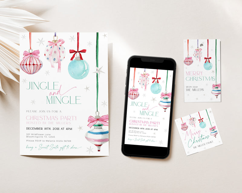 Coquette Pink Bow Christmas Party Invitation Set
