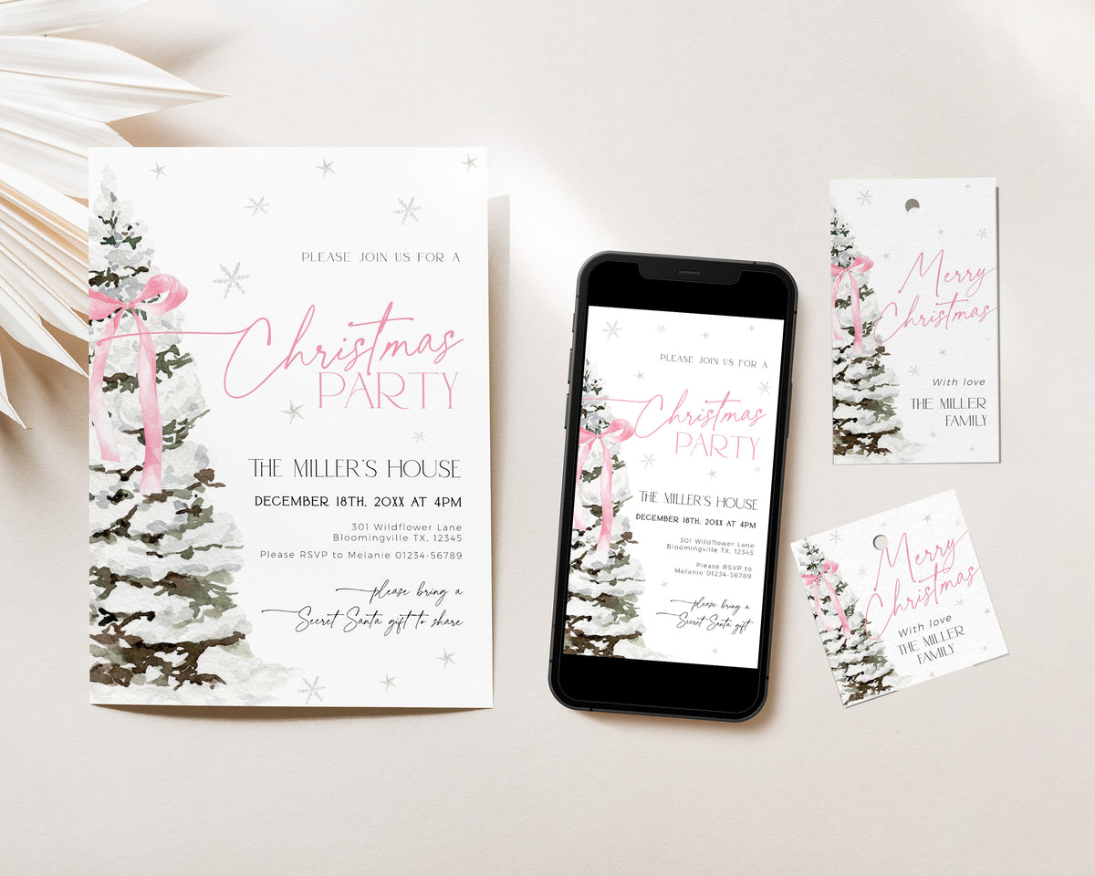 Pink Bow Christmas Party Invitation Set