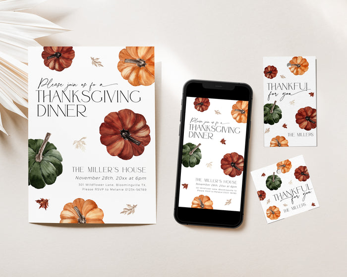 Colorful Pumpkin Thanksgiving Dinner Invitation Set