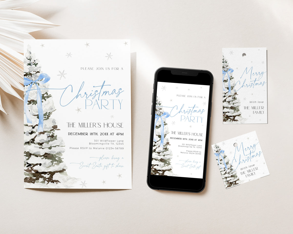 Blue Bow Christmas Invitation Set