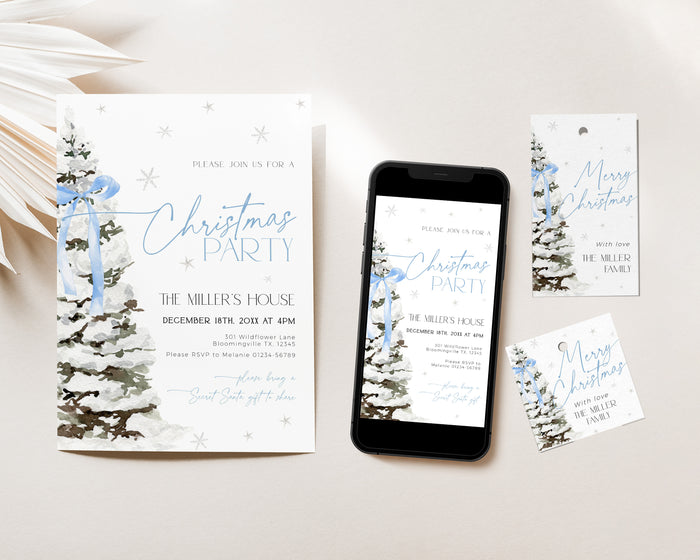 Blue Bow Christmas Invitation Set