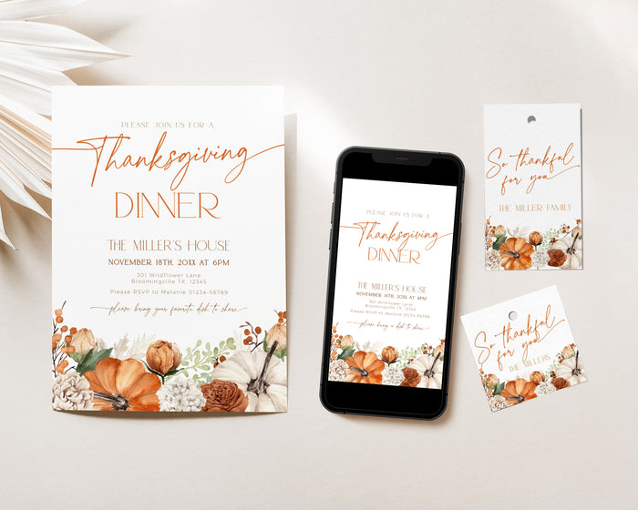 Floral Pumpkin Thanksgiving Dinner Invitation Set