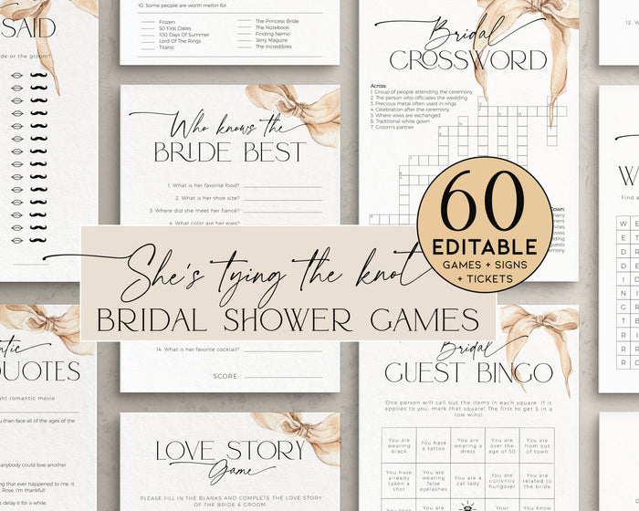 She is tying the knot neutral Bridal Shower Games Bundle