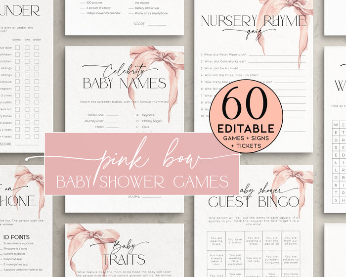 Pink Bow Baby Shower Games Bundle