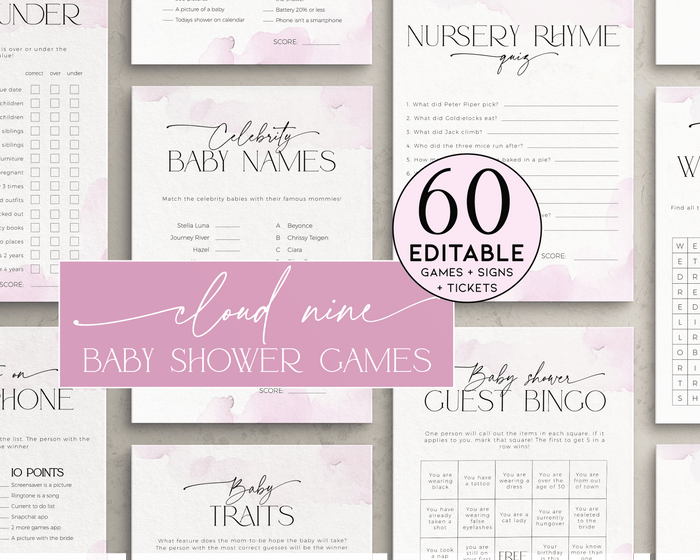 Pink Cloud Nine Baby Shower Game Bundle