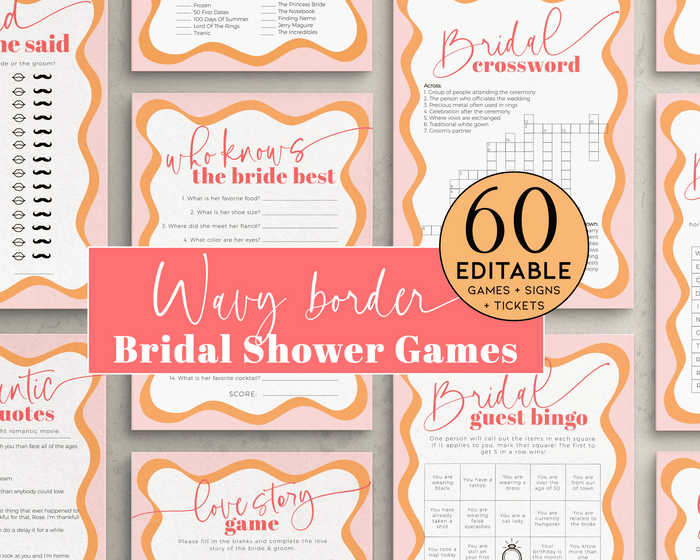 Wavy Border Peach Bridal Shower Games Bundle