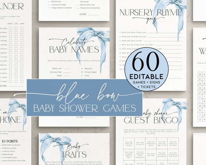 Dusty Blue Bow Baby Shower Games Bundle