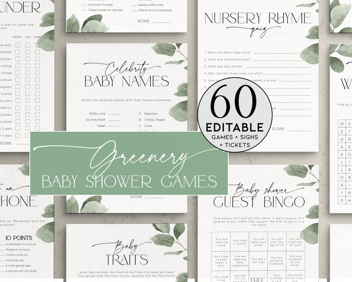 Greenery Baby Shower Games Bundle