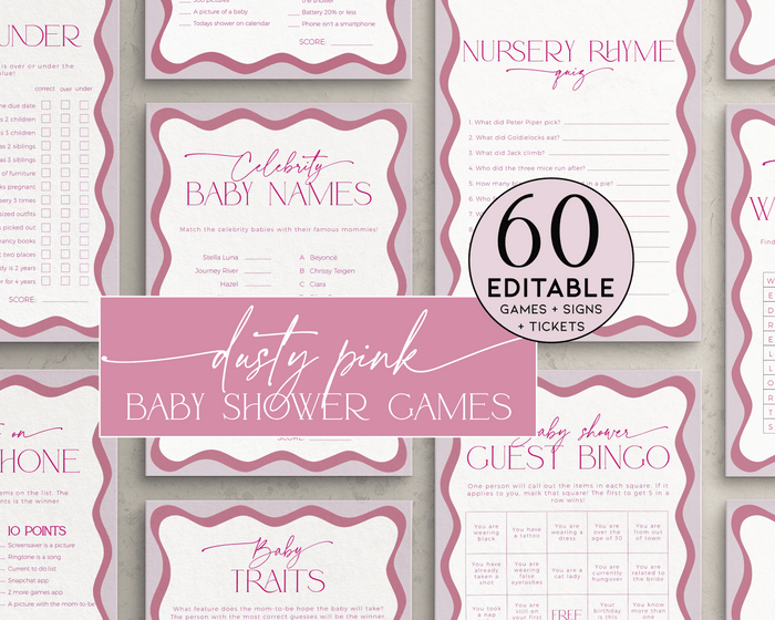 Wavy Dusty Rose Baby Shower Game Bundle