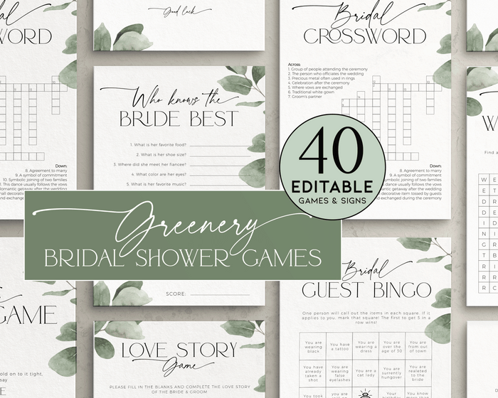 Eucalyptus Bridal Shower Games Bundle