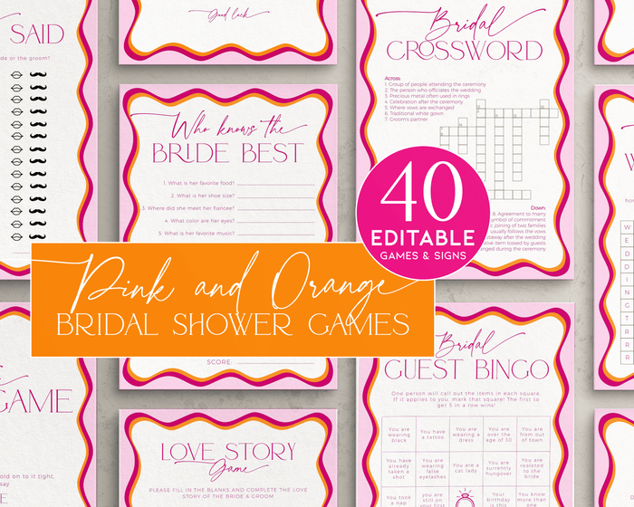 Wavy Border Pink and Orange Bridal Shower Games Bundle