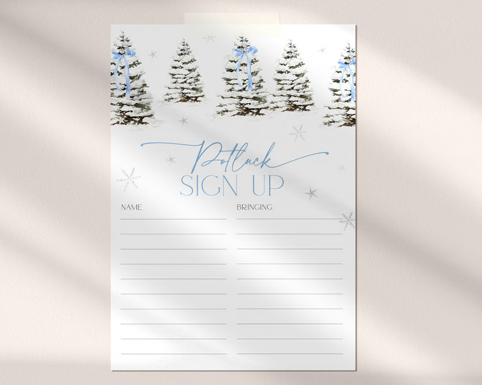 Blue Bow Christmas Potluck Sign Up Sheet