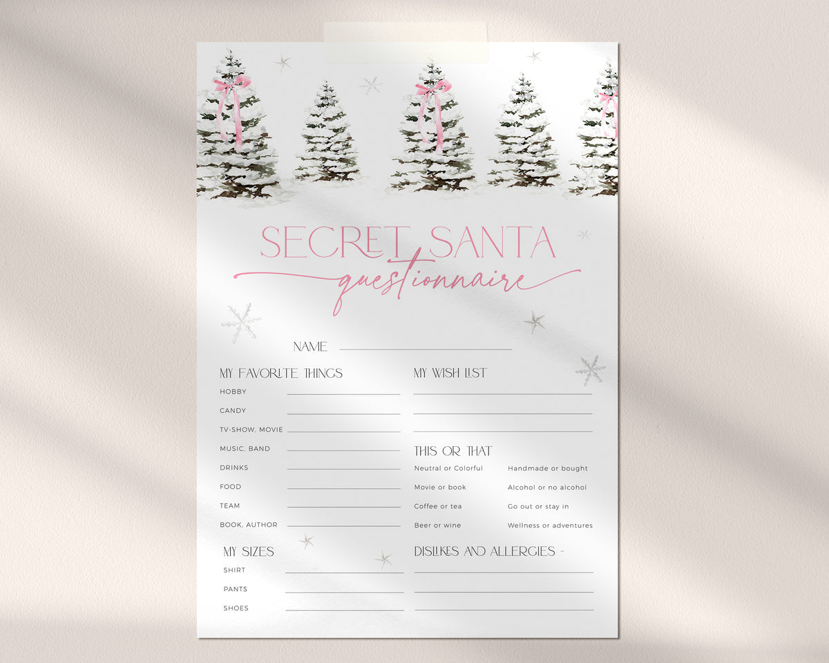 Pink Bow Christmas Secret Santa Questionnaire