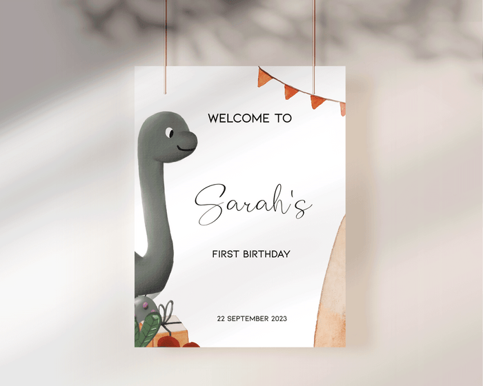 Grey Dinosaur Birthday Welcome Sign