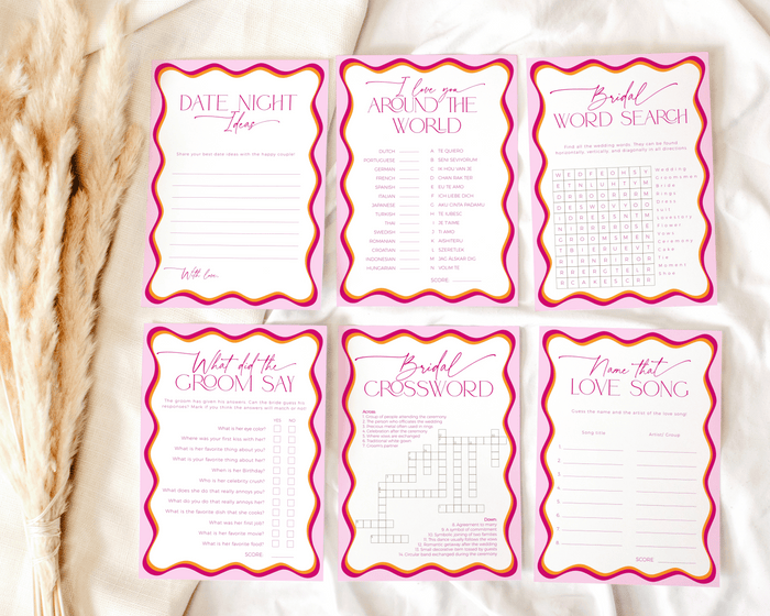 Wavy Border Pink and Orange Bridal Shower Games Bundle