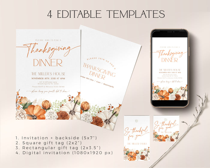 Floral Pumpkin Thanksgiving Dinner Invitation Set