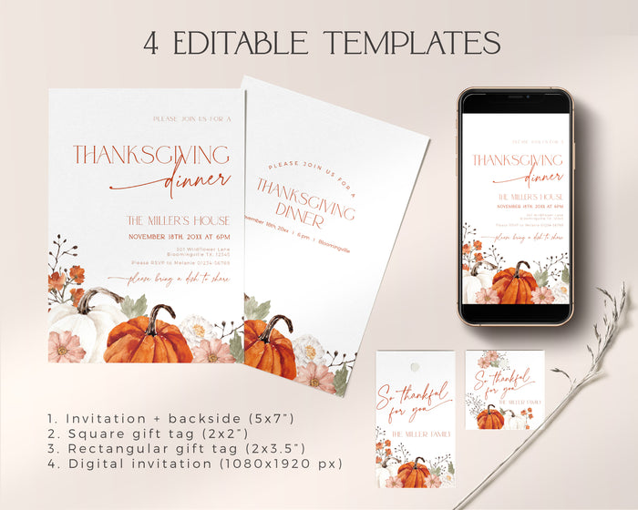 Pumpkin Flowers Thanksgiving Dinner Invitation Set