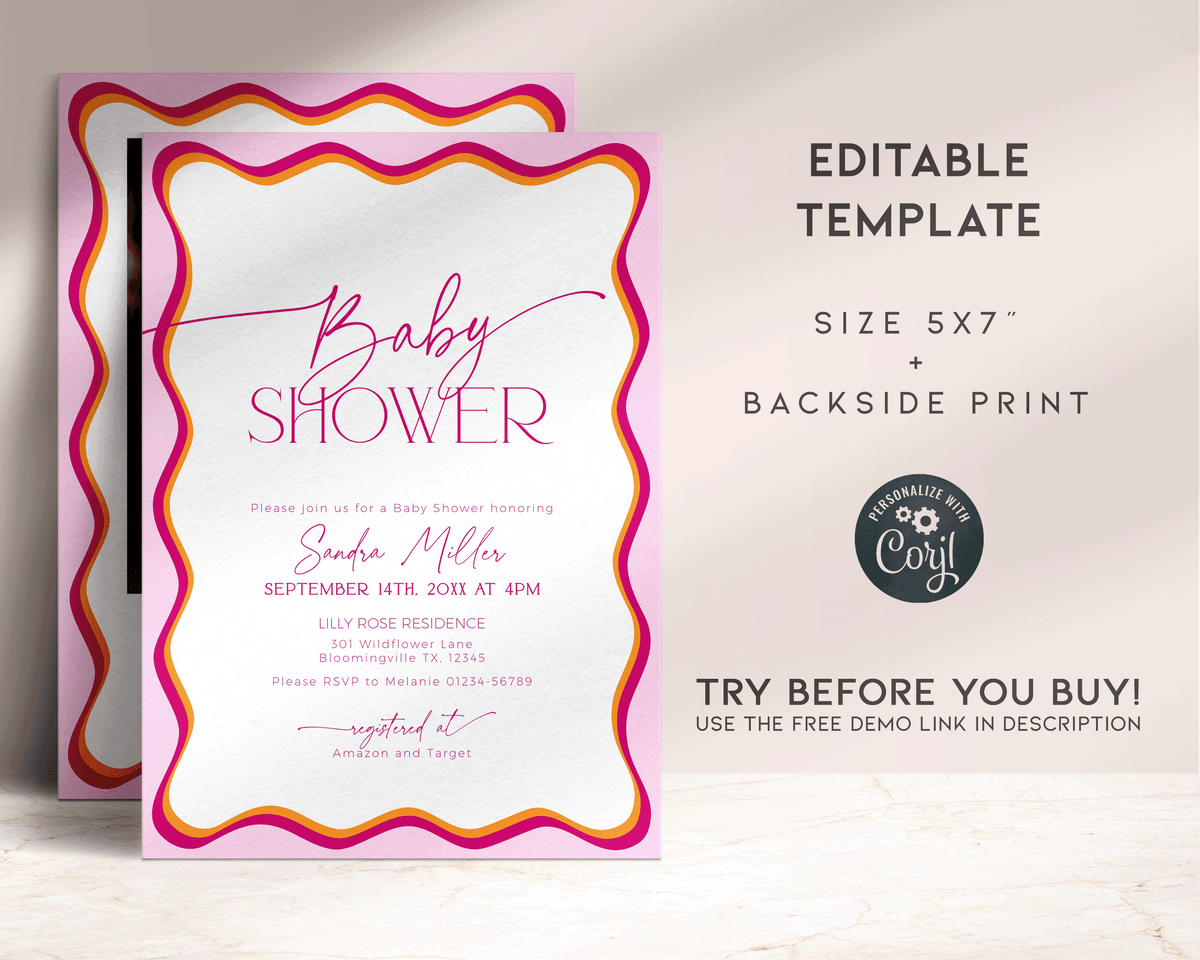 Pink Wavy Border Baby Shower Invitation