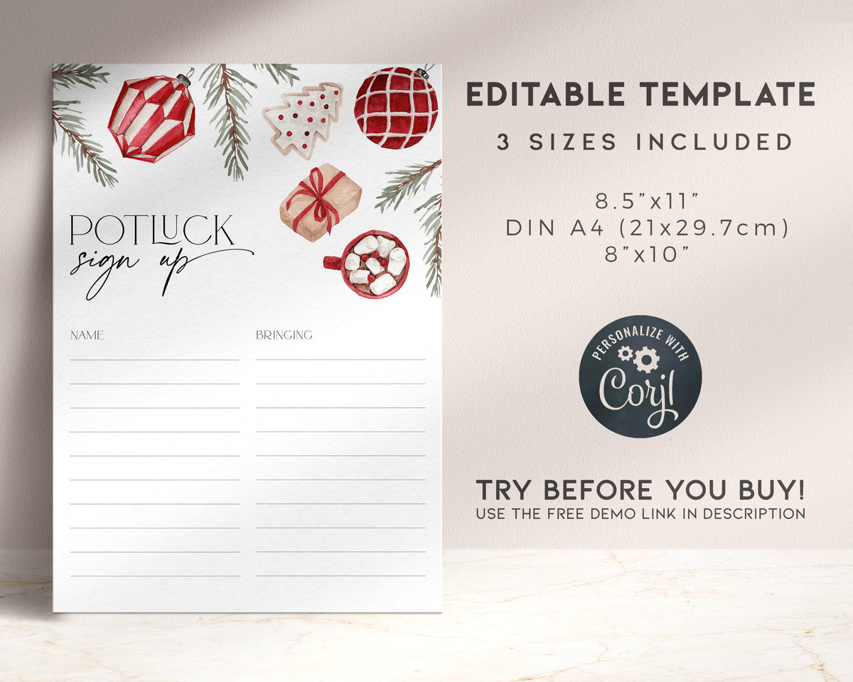 Christmas Potluck Sign Up Sheet