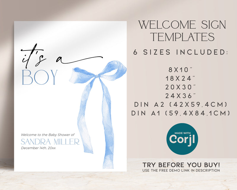 Bow Blue Baby Shower Welcome Sign