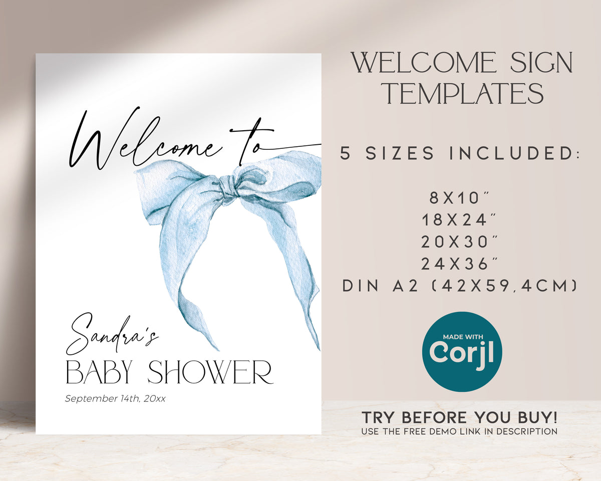 Blue Bow Baby Shower Welcome Sign