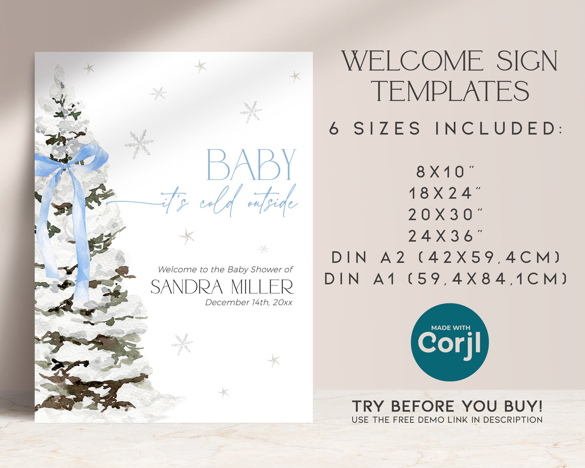 Blue Bow Christmas Baby Shower Welcome Sign