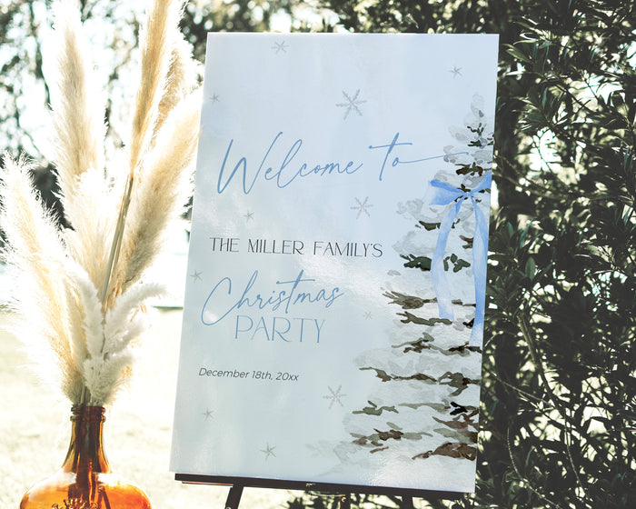 Blue Bow Christmas Party Welcome Sign