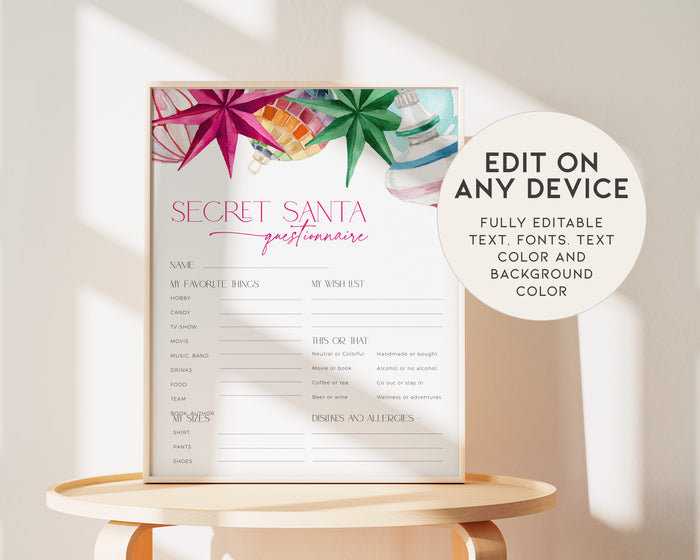 Bright Christmas Secret Santa Questionnaire