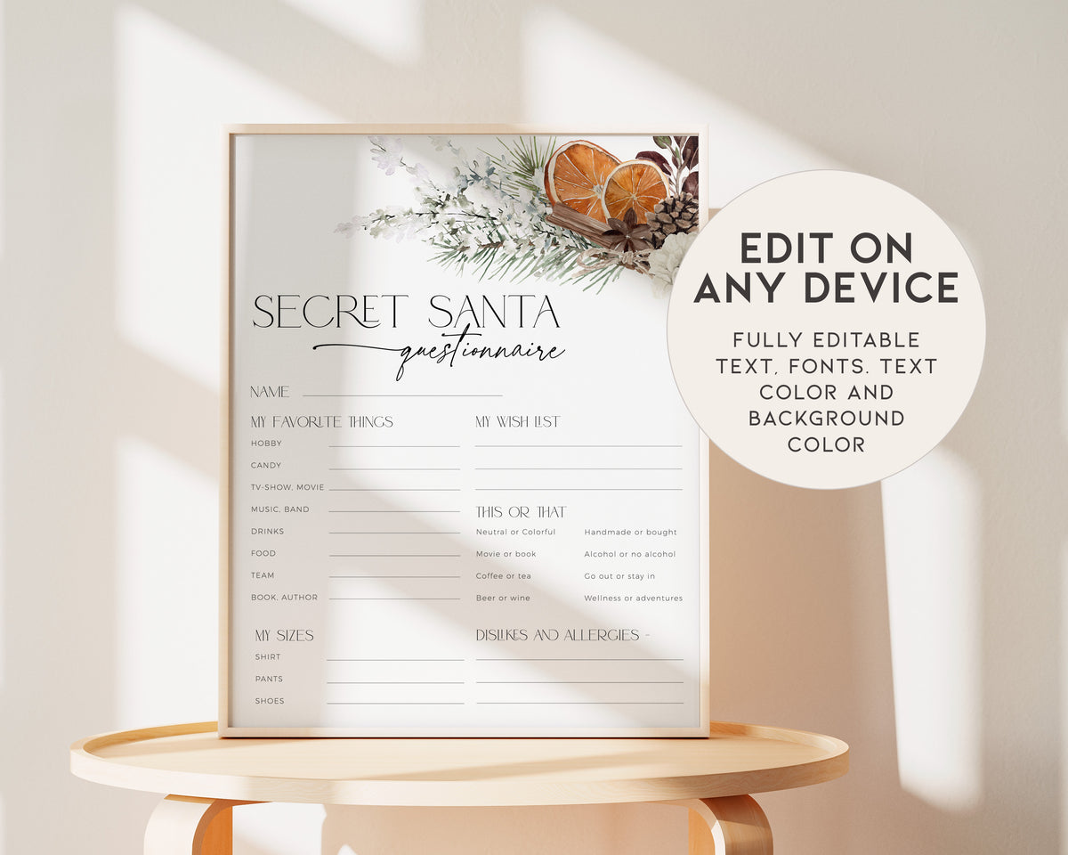 Winter Orange Christmas Secret Santa Questionnaire