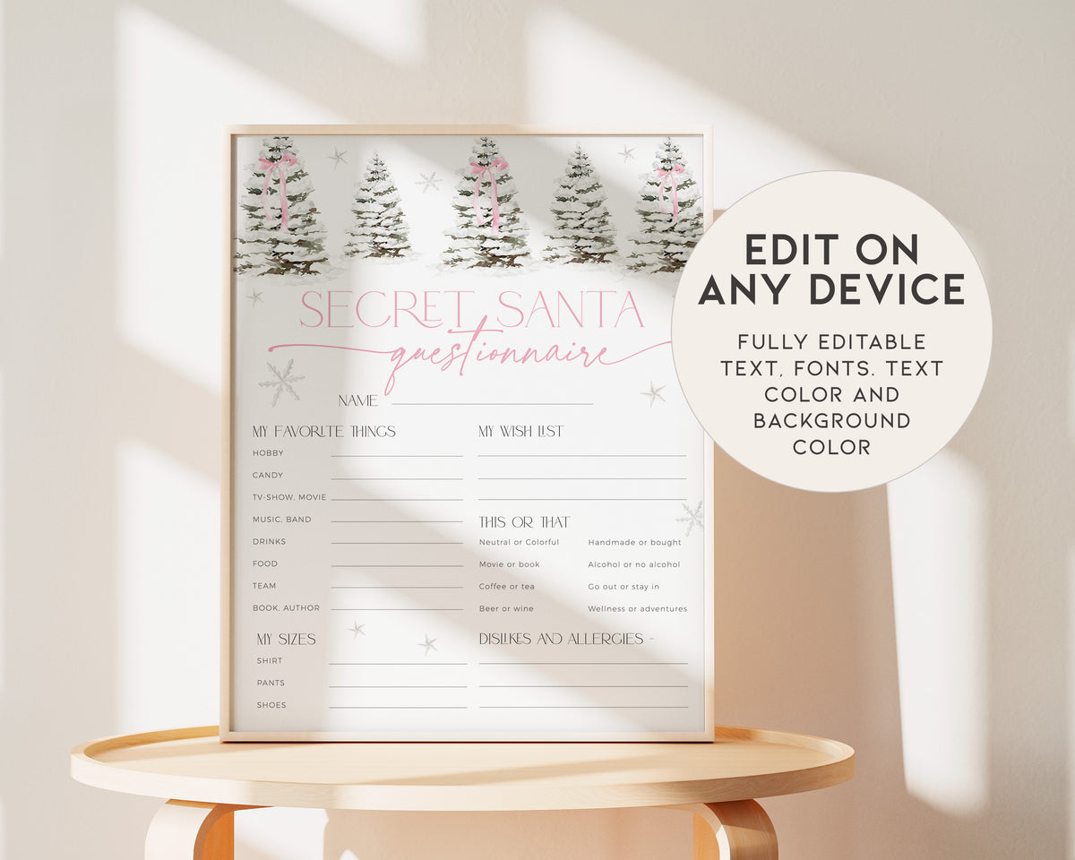 Pink Bow Christmas Secret Santa Questionnaire