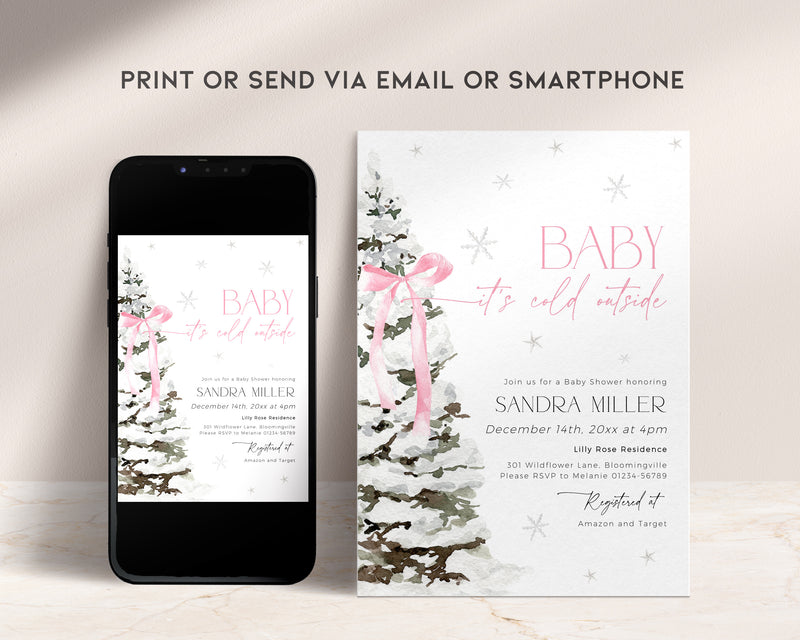 Pink Bow Christmas Baby Shower Invitation