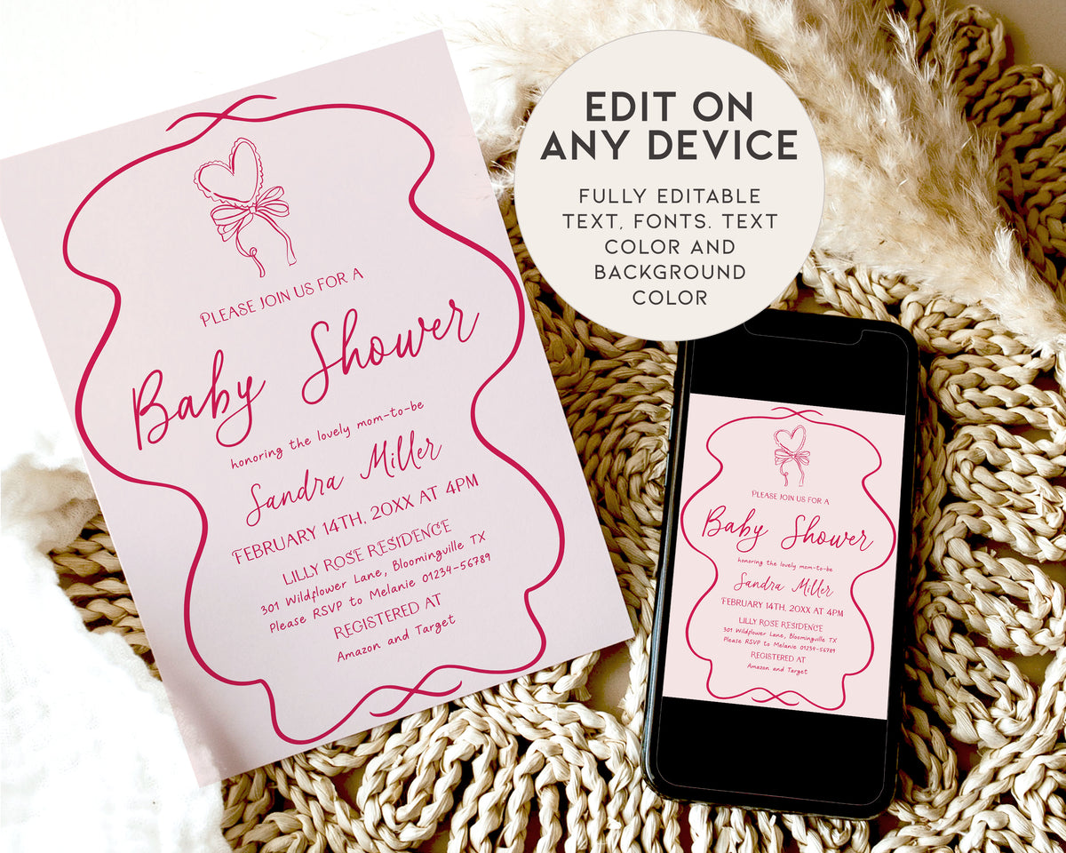 Hand Drawn Pink Bow Baby Shower Invitation