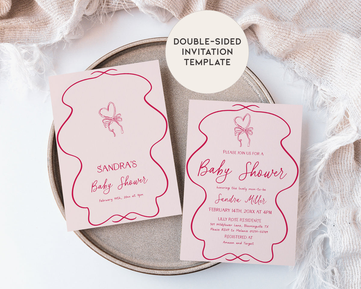 Hand Drawn Pink Bow Baby Shower Invitation