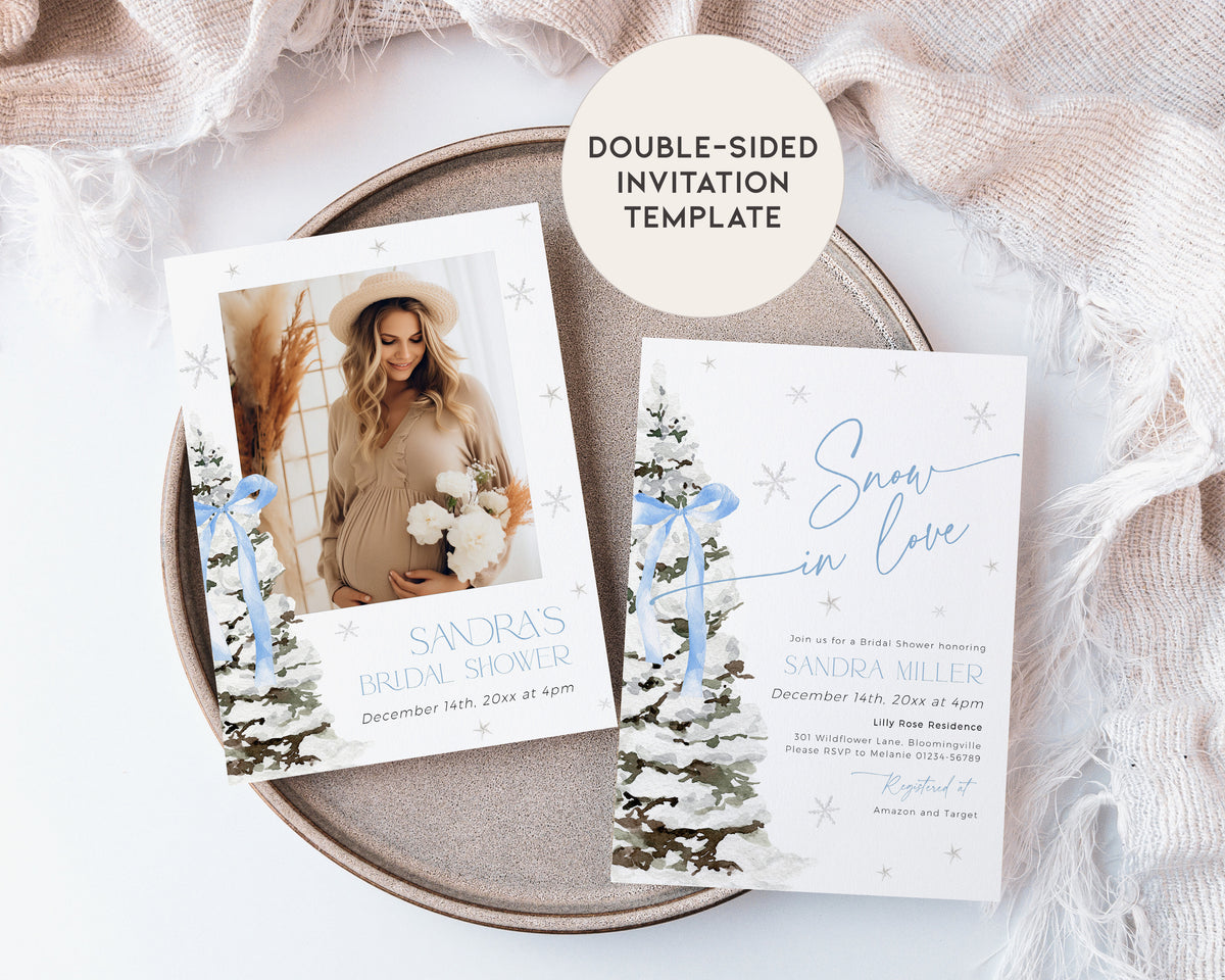 Blue Bow Christmas Bridal Shower Invitation