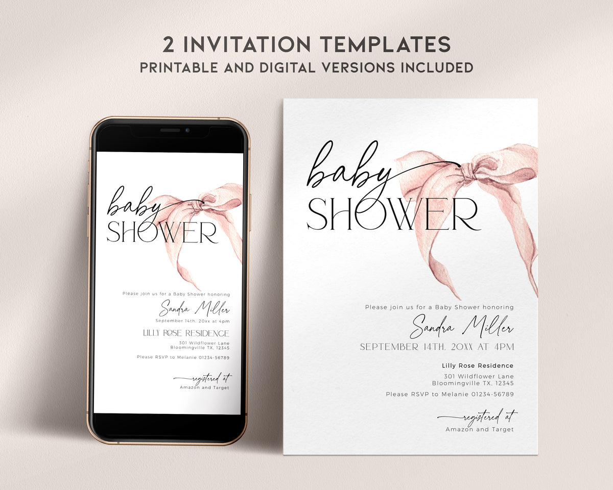 Pink Bow Baby Shower Invitation Bundle