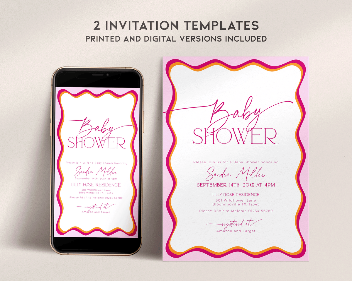 Pink Wavy Border Baby Shower Invitation Bundle