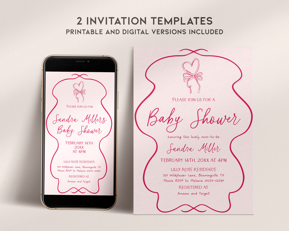 Hand Drawn Pink Bow Baby Shower Invitation Bundle