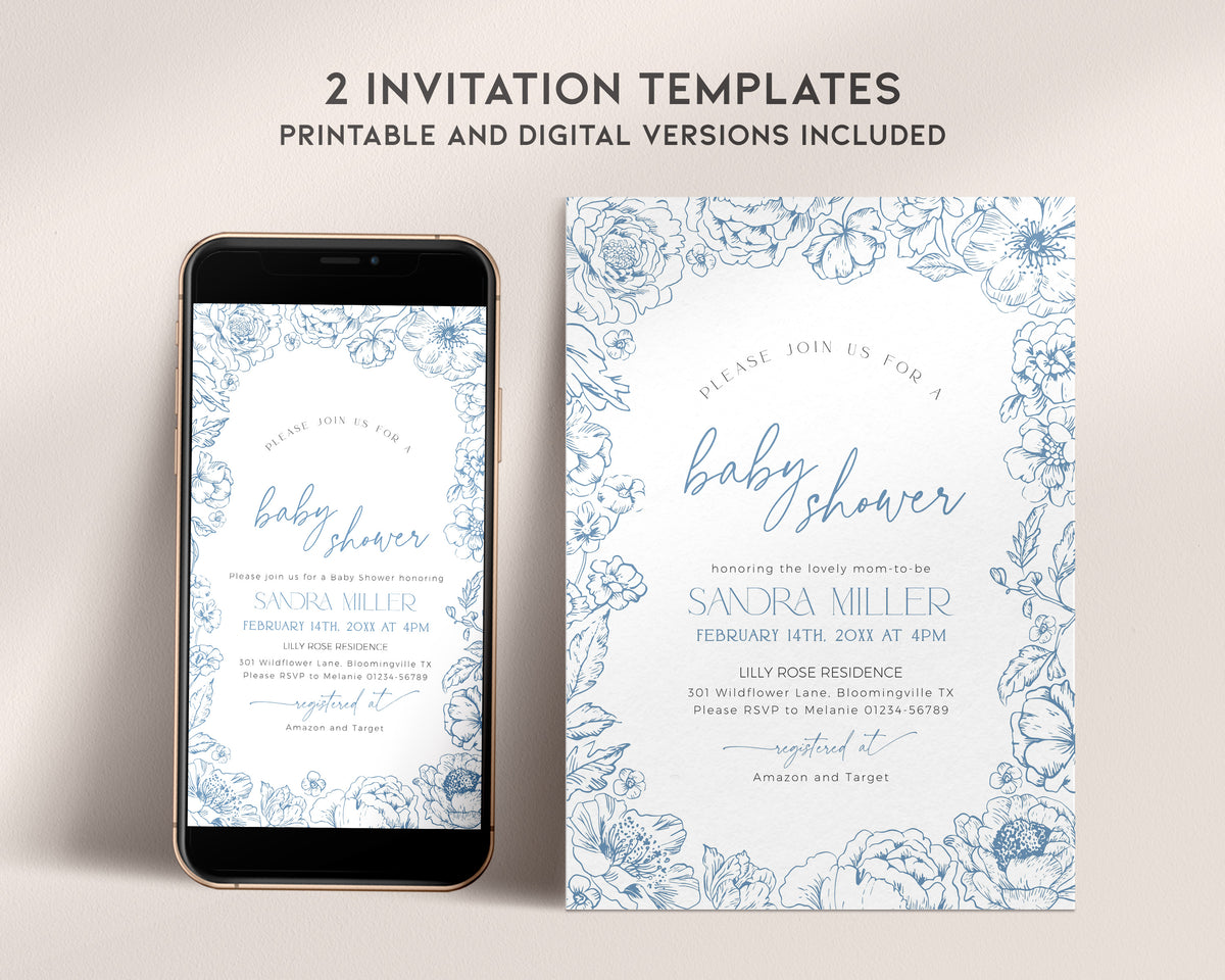 Floral Blue Toile de Jouy Baby Shower Invitation Bundle