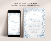 Floral Blue Toile de Jouy Baby Shower Invitation Bundle