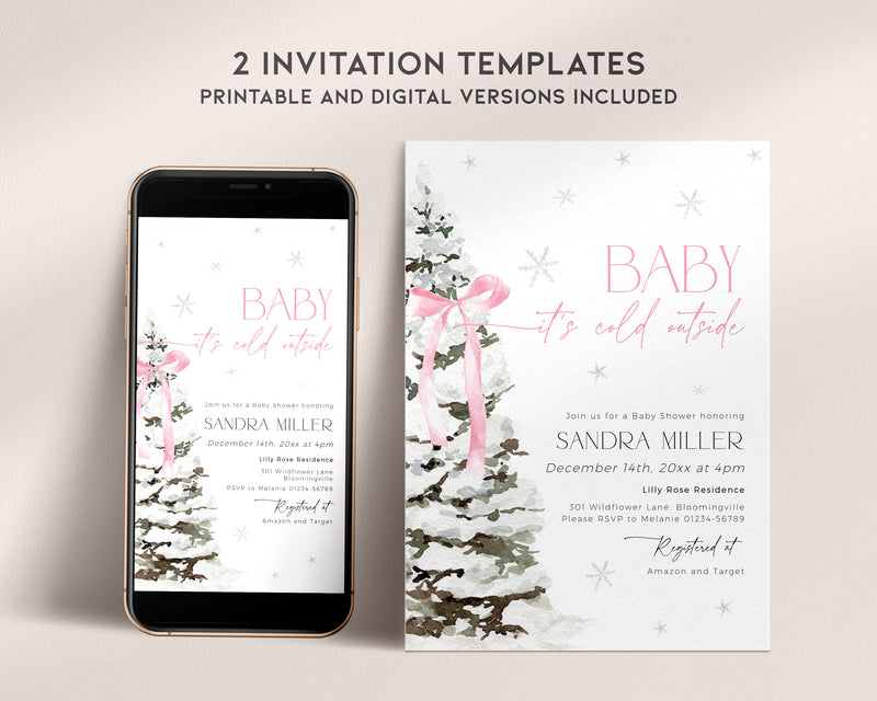 Pink Bow Christmas Baby Shower Invitation Bundle