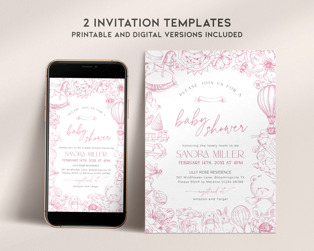 Pink Toile de Jouy Baby Shower Invitation Bundle