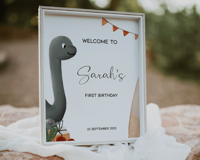 Grey Dinosaur Birthday Welcome Sign